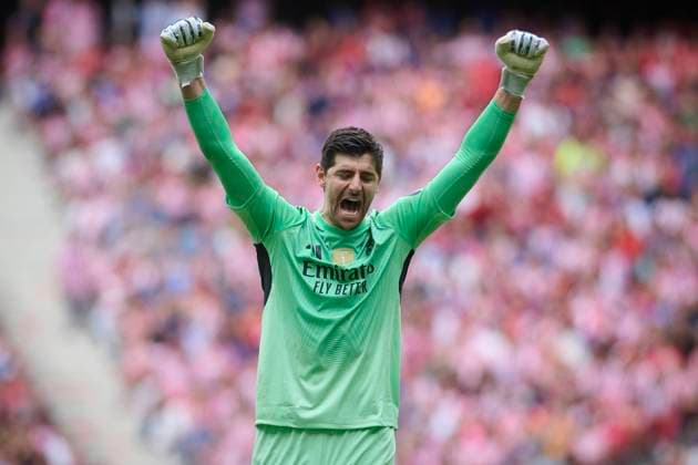 Spanish La Liga EA Sports soccer match Atletico Madrid vs Real Madrid at Riyadh Air Metropolitano stadium in Madrid, Spain. 27 September 2025 Courtois celebrates a goal 900 Cordon Press  900 CordonxPress LOF - Atletico Madrid vs Real Madrid