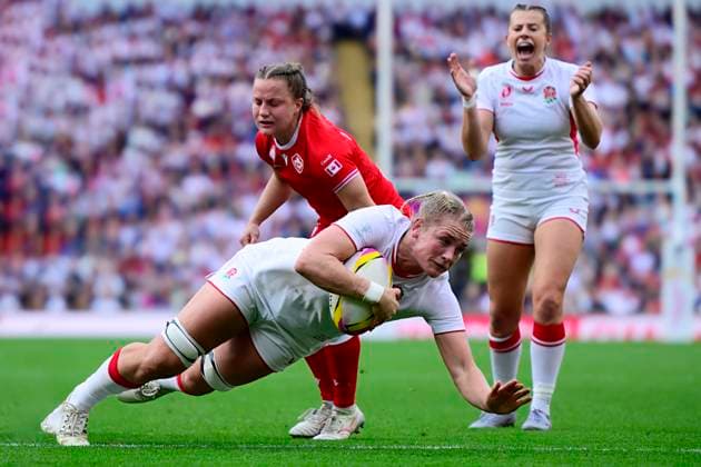 Canada v England, London, UK - 27 Sept 2025 Alex Matthews of England goes over for a try during the Women s Rugby World Cup 2025 Final match between Canada and England at Allianz Stadium, London, England United Kingdom on September 27, 2025. (Photo by Phil Mingo PPAUK) London Allianz Stadium GBR Copyright: xPhilxMingo PPAUKx PPA-218956