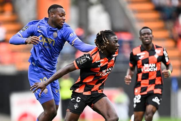 FC Lorient v AS Monaco FC - Ligue 1 McDonald s 2025 2026 19 George ILENIKHENA (asm) - 05 Bamo MEITE (fcl) during the Ligue 1 McDonald s match between Lorient and Monaco at Stade du Moustoir on September 27, 2025 in Lorient, France. Lorient France  Copyright: xFEPx 776348139