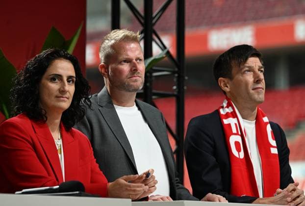 27 09 2025 , xophax, Soccer 1 Bundesliga, 1 FC Köln General Meeting , Election of President Rhein Energie Stadion Annual General Meeting on Saturday 27 09 2025 1 FC Köln Team Stomann from left to right TuÄüba Tekkal , Wilke Stromann , Carsten Wettich Koeln