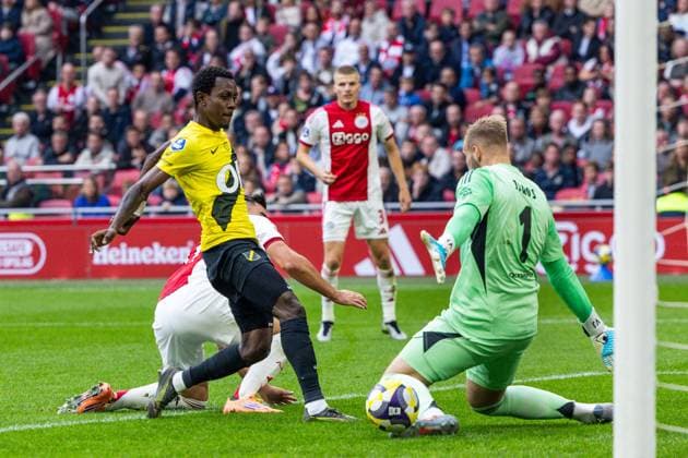 AMSTERDAM , 27-09-2025 , Johan Cruyff ArenA , season 2025 2026 , Dutch Eredivisie football . Match between Ajax and NAC Breda , Picture shows NAC Breda player Kamal Sowah scoring a goal that got disallowed. Ajax - NAC  x31222851x Copyright: