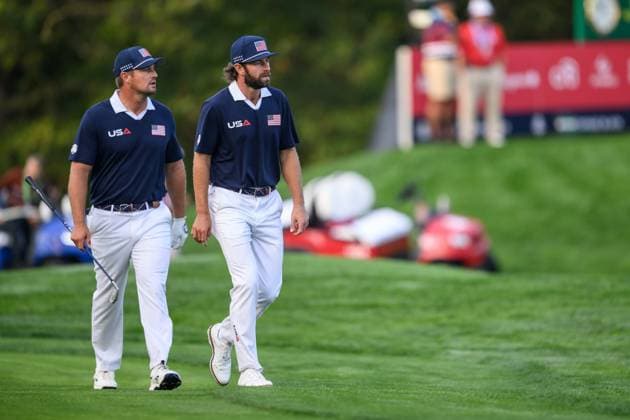 250927 Bryson DeChambeau and Cameron Young of Team USA during a foursome match on day 2 of The Ryder Cup on September 27, 2025 in New York. Photo: Jesper Zerman BILDBYRAN kod JZ JZ0618 golf ryder cup day 2 bbeng  Copyright: JESPERxZERMAN BB250927JZ045