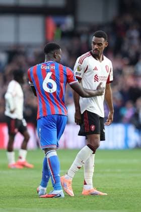 27th September 2025; Selhurst Park, Selhurst, London, England; Premier League Football, Crystal Palace versus Liverpool; Marc Guehi of Crystal Palace and Ryan Gravenberchv of Liverpool after the match  KatiexChan