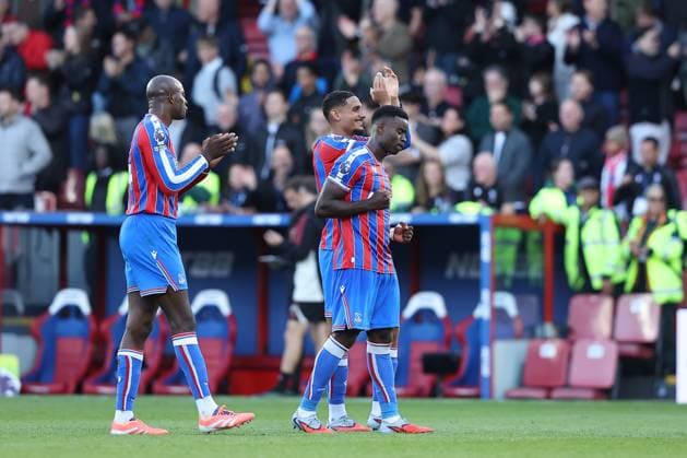 27th September 2025; Selhurst Park, Selhurst, London, England; Premier League Football, Crystal Palace versus Liverpool; Jean-Philippe Mateta, Maxence Lacroix and Marc Guehi of Crystal Palace celebrate the win with the fans after the match  KatiexChan