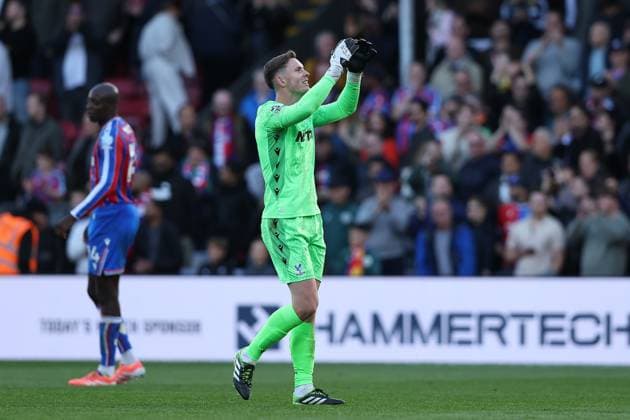 27th September 2025; Selhurst Park, Selhurst, London, England; Premier League Football, Crystal Palace versus Liverpool; goalkeeper Dean Henderson of Crystal Palace celebrates the win with the fans after the match  KatiexChan