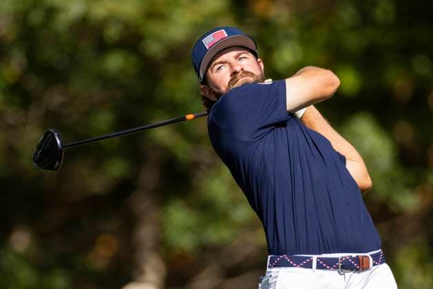Cameron Young of Team United States tees off on the sixteenth hole during a foursomes match against Team Europe on day two of the 45th Ryder Cup at the Bethpage Black Course in Farmingdale, New York on Saturday, September 27, 2025. Europe has a 8.5 to 3.5 lead over the United States after the morning matches on the second day.  RYD20250927903 COREYxSIPKIN