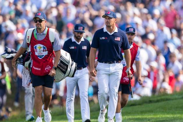 Bryson DeChambeau of Team United States walks up to the fourteenth green during a foursomes match against Team Europe on day two of the 45th Ryder Cup at the Bethpage Black Course in Farmingdale, New York on Saturday, September 27, 2025. Europe has a 8.5 to 3.5 lead over the United States after the morning matches on the second day.  RYD20250927910 COREYxSIPKIN