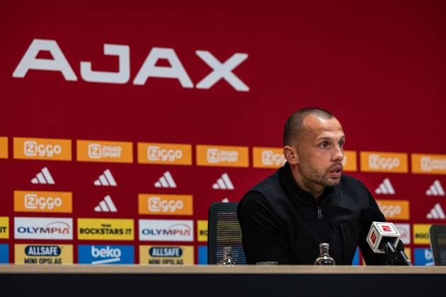 AMSTERDAM , 27-09-2025 , Johan Cruyff ArenA , season 2025 2026 , Dutch Eredivisie football . Match between Ajax and NAC Breda , Picture shows Ajax trainer coach John Heitinga during the press conference, PK, Pressekonferenz after the match (final score 2-1). Ajax - NAC  x31225675x Copyright: