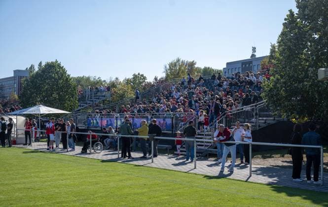 Soccer, Men, Season 2025 2026, NOFV Oberliga Nord, SV Sparta Lichtenberg, Naming ceremony, Fischerstraße sports facility becomes Paul Kalkbrenner sports field, one of the two additional stands, 27 09 2025, Copyright: xMatthiasxKochx