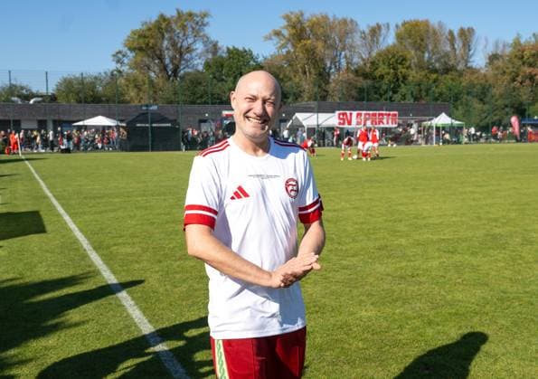 Soccer, Men, Season 2025 2026, NOFV Oberliga Nord, SV Sparta Lichtenberg, Naming ceremony, Fischerstraße sports facility becomes Paul Kalkbrenner sports field, in the picture Paul Kalkbrenner namesake of the Paul Kalkbrenner sports field , 27 09 2025, Copyright: xMatthiasxKochx