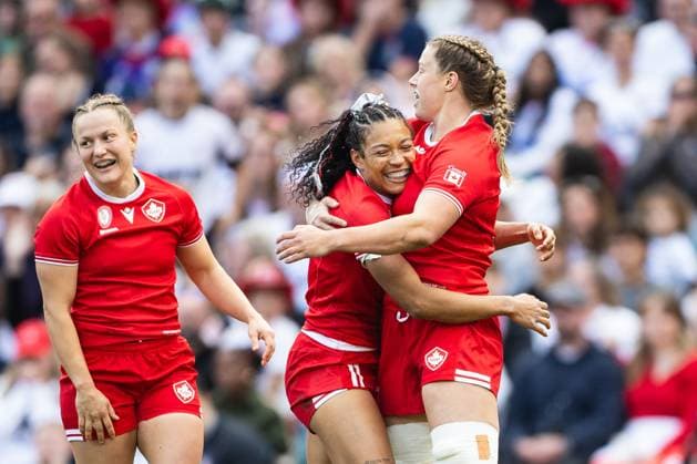 Canada Women v England Women Women s Rugby World Cup 2025 27 09 2025. Final Asia Hogan-Rochester of Canada celebrates scoring her sides first try during the Women s Rugby World Cup 2025 Final match between Canada Women and England Women at Allianz Stadium, Twickenham, Richmond, United Kingdom on 27 September 2025. Richmond Allianz Stadium London United Kingdom Editorial use only , Copyright: xSimonxKingx PSI-22918-0079