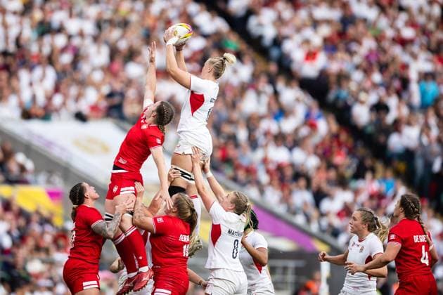 Canada Women v England Women Women s Rugby World Cup 2025 27 09 2025. Final Rosie Galligan of England claims the lineout during the Women s Rugby World Cup 2025 Final match between Canada Women and England Women at Allianz Stadium, Twickenham, Richmond, United Kingdom on 27 September 2025. Richmond Allianz Stadium London United Kingdom Editorial use only , Copyright: xSimonxKingx PSI-22918-0120