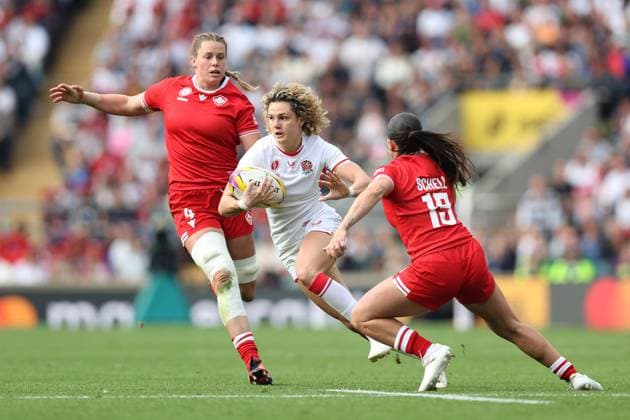 WRWC-Finale 27. September 2025, London Finale der Rugby-Weltmeisterschaft der Frauen Kanada gegen England Frauen Ellie Kildunne aus England legt einen beeindruckenden Lauf hin, um einen Versuch zu erzielen Foto Charlotte Wilson Offside London UK  Copyright: xCharlottexWilsonx xOffsidexOffside