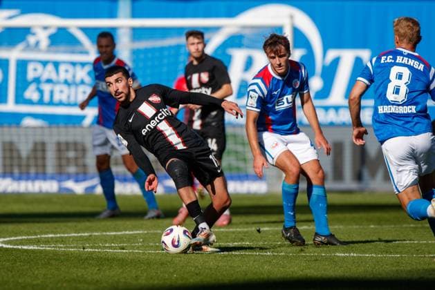 left Nassim Boujellab Havelse vs Benno Dietze Rostock GER, FC Hansa Rostock vs TSV Havelse, Football, Men, 3 Liga, 08 Matchday, Season 2025 2026, 27 09 2025 Rostock Ostseestadion Mecklenburg Vorpommern Germany