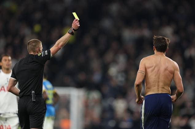 London, England, 27th September 2025. Joao Palhinha of Tottenham Hotspur is shown a yellow card after celebrating scoring to make it 1-1 during the Tottenham Hotspur vs Wolverhampton Wanderers Premier League match at the Tottenham Hotspur Stadium, London. Picture credit should read: Paul Terry Sportimage EDITORIAL USE ONLY. No use with unauthorised audio, video, data, fixture lists, club league logos or live services. Online in-match use limited to 120 images, no video emulation. No use in betting, games or single club league player publications. SPI_047_PT_Tottenham_Wolves SPI-4168-0047