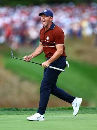Rory McIlroy of Team Europe celebrates 2025 Ryder Cup, Day Two, Afternoon Four-Balls, Golf, Bethpage Black Golf Course, New York, USA - 27 Sep 2025New York Bethpage Black Golf Course New York (NY) United States of America EDITORIAL USE ONLY No use with unauthorised audio, video, data, fixture lists, club league logos or live services. Online in-match use limited to 120 images, no video emulation. No use in betting, games or single club league player publications. Copyright: xJamesxMarsh Shutterstockx 15500202as
