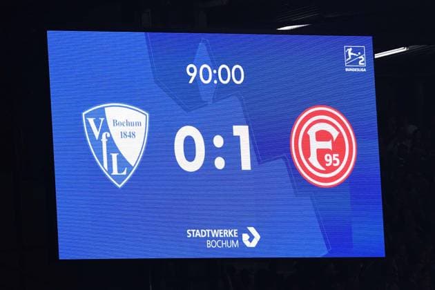 Soccer 2 Bundesliga 7 Matchday VfL Bochum Fortuna Düsseldorf on 27 09 2025 at the Vonovia Ruhrstadion in Bochum The scoreboard at the Vonovia Ruhrstadio shows the final score Bochum 0 1 Düsseldorf DFL regulations prohibit any use of photographs as image sequences and or quasi video xRx