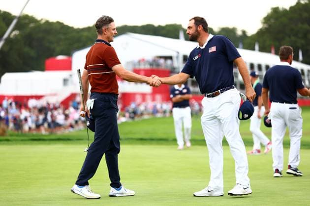 Justin Rose of Team Europe and Scottie Scheffler of Team USA shake hands after their match 2025 Ryder Cup, Day Two, Afternoon Four-Balls, Golf, Bethpage Black Golf Course, New York, USA - 27 Sep 2025New York Bethpage Black Golf Course New York (NY) United States of America EDITORIAL USE ONLY No use with unauthorised audio, video, data, fixture lists, club league logos or live services. Online in-match use limited to 120 images, no video emulation. No use in betting, games or single club league player publications. Copyright: xJamesxMarsh Shutterstockx 15500202bv