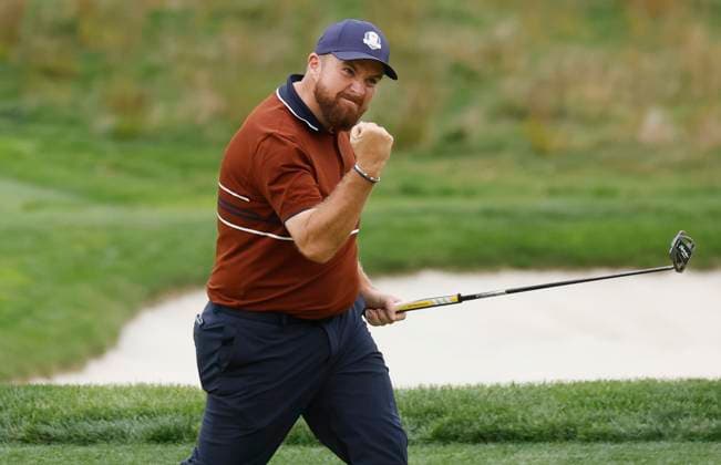 Shane Lowry of Team Europe reacts after sinking a putt on the seventeenth hole during a four-ball match against Team United States on day two of the 45th Ryder Cup at the Bethpage Black Course in Farmingdale, New York on Saturday, September 27, 2025. Europe has a 8.5 to 3.5 lead over the United States after the morning foursome matches on the second day.  RYD20250927633 JOHNxANGELILLO