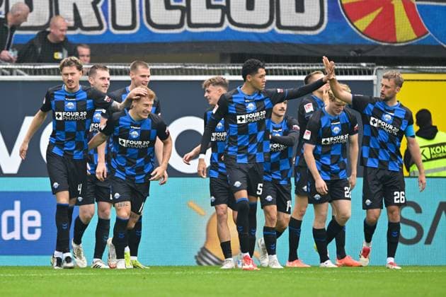 Paderborn, Home Deluxe Arena, 27 09 25, GER, Herren, 2 Bundesliga, Saison 2025 2026, SC Paderborn 07 1 FC Kaiserslautern Bild Filip BILBIJA Paderborn jubilates after his goal for 1 0 DFL regulations prohibit any use of photographs as image sequences and or quasi video NRW Germany