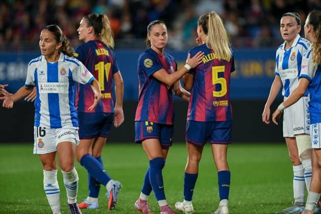 FC Barcelona, Barca v RCD ESPANYOL. JOHAN CRUYFF STADIUM,BARCELONA. September 27,2025 FC BARCELONA vs RCD ESPANYOL. September 25,2025 Claudia Pina (9) of FC Barcelona celebrates scoring his team s second goal with teammates during the match between FC Barcelona and Real Sociedad corresponding to the fifth day of the La Liga F Moeve at the Johan Cruyff Stadium in Barcelona, Spain, on September 27, 2025. Barcelona ESP Copyright: xS.xRosx
