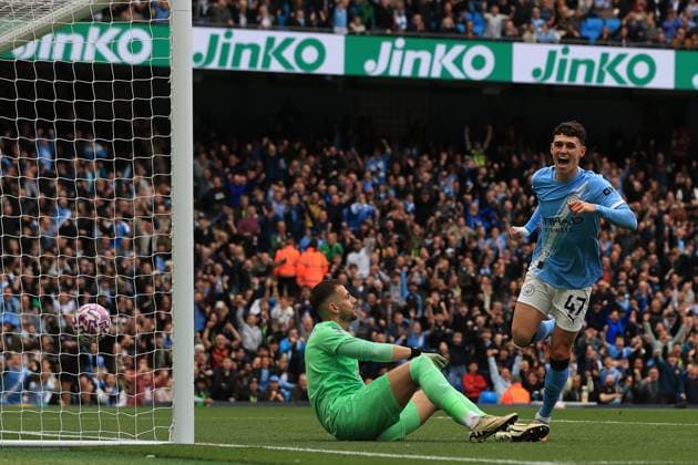 27th September 2025; Etihad Stadium, Manchester, England; Premier League Football, Manchester City versus Burnley; Phil Foden of Manchester City reacts after the own goal scored after 12 minutes for 1-0 by Maxime Esteve of Burnley  DavidxBlunsden