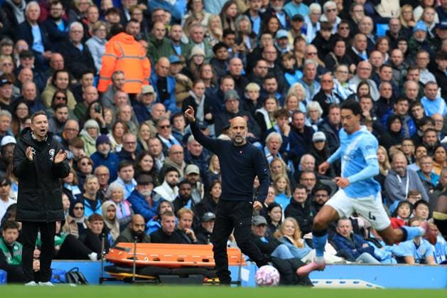 27th September 2025; Etihad Stadium, Manchester, England; Premier League Football, Manchester City versus Burnley; Manchester City manager Pep Guardiola and his assistant Pepijn Lijnders react  DavidxBlunsden