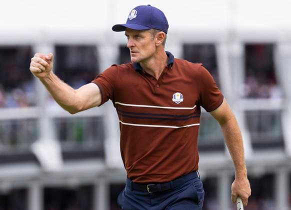 Rose celebrates after putt on 15..Bryson DeChambeau of the U.S. Ryder Cup putts on the first green in hisÖÖ.. at the 45th Ryder Cup at The Black Course at Bethpage State Park in Farmingdale, New York on Friday, September 26, 2025. Europe is the current holder of the Ryder Cup after its win over the United States in 2023 at Marco Simone Golf and Country Club.  RYD20250926501 COREYxSIPKIN