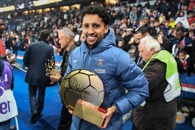 Ousmane Dembele celebrates his Ballon dOr at Parc des Princes - FA Paris Saint-Germain’s defender Marquinhos holds the Ballon d’Or of Men’s Club of the Year 2025 trophy during a celebration after the French L1 football match between Paris Saint-Germain and AJ Auxerre at the Parc des Princes stadium in Paris on September 27, 2025. Photo by Firas Abdullah ABACAPRESS.COM Paris Île-de-France France  Copyright: xAbdullahxFiras ABACAx