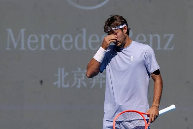 BEIJING, CHINA - SEPTEMBER 28: Flavio Cobolli of Italy reacts in the Men s Singles Round of 16 match against Learner Tien of the United States on day 7 of the 2025 China Open at National Tennis Center on September 28, 2025 in Beijing, China.  Copyright: xVCGx 111593669431