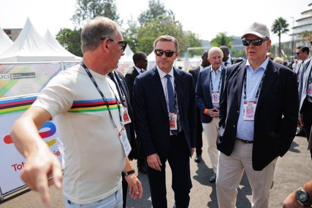 2025 UCI Road World Championships Picture by Alex Whitehead SWpix.com - 28 09 2025 - Cycling - 2025 UCI Road World Championships - Kigali Convention Centre, Kigali, Rwanda - Men Elite Road Race - UCI President David Lappartient with Prince of Monaco Albert II Copyright: x xSWpix.comx(t axPhotographyxHubxLtd)xAlexxWhitehead SWpix.comx SWP-3030-8435