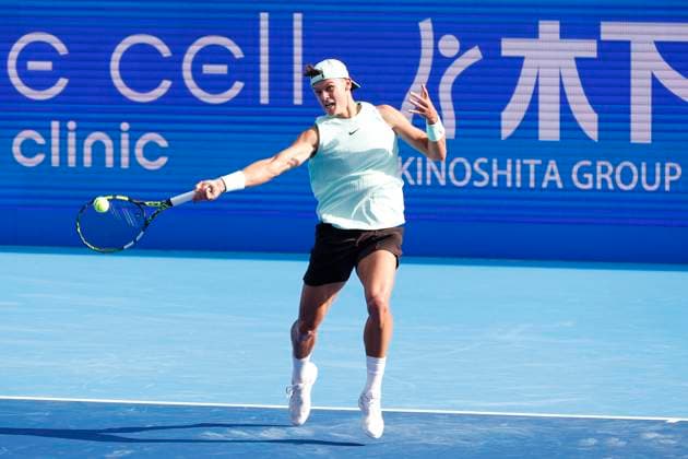 September 28, 2025, Tokyo, Japan: Denmark s Holger Rune in action against Jenson Brooksby of the USA during their quarterfinal match at the Japan Open Tennis Championships at Ariake Colosseum in Tokyo. The tournament runs from September 22 to 30. Brooksby won 6-3, 6-3. Tokyo Japan - ZUMAm191 20250928_aap_m191_038 Copyright: xRodrigoxReyesxMarinx