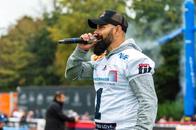 Marcus Haider stadium announcer, ifm Ravensburg Razorbacks GER, ifm Ravensburg Razorbacks vs Dresden Monarchs, American Football, GFL, season 2025, playoffs, semi-final, 27 09 2025, GER, ifm Ravensburg Razorbacks vs Dresden Monarchs, American Football, GFL, season 2025, playoffs, semi-final, 27 09 2025 Weingarten Copyright: xEibner-Pressefoto FlorianxWolfx EP_FWF