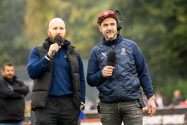 Michael Mayer and Florian Dietrich as field reporters GER, ifm Ravensburg Razorbacks vs Dresden Monarchs, American Football, GFL, Season 2025, Playoffs, Semifinals, 27 09 2025, GER, ifm Ravensburg Razorbacks vs Dresden Monarchs, American Football, GFL, Season 2025, Playoffs, Semifinals, 27 09 2025 Weingarten Copyright: xEibner-Pressefoto FlorianxWolfx EP_FWF
