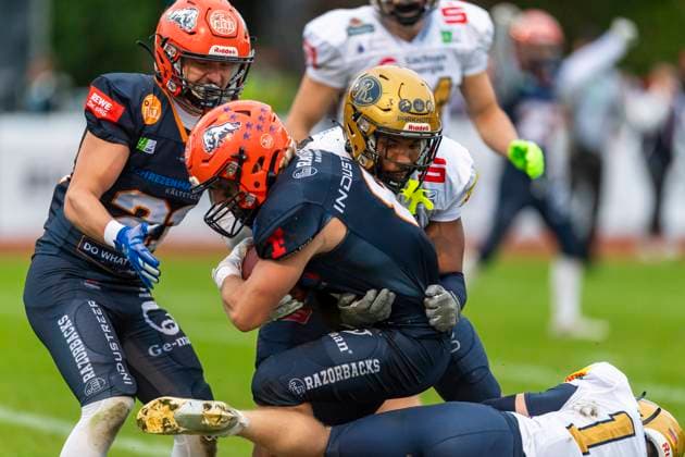Interception by Alex Mashak 8, DB, ifm Razorbacks Ravensburg GER, ifm Ravensburg Razorbacks vs Dresden Monarchs, American Football, GFL, Season 2025, Playoffs, Semifinal, 27 09 2025, GER, ifm Ravensburg Razorbacks vs Dresden Monarchs, American Football, GFL, Season 2025, Playoffs, Semifinal, 27 09 2025 Weingarten Copyright: xEibner-Pressefoto FlorianxWolfx EP_FWF
