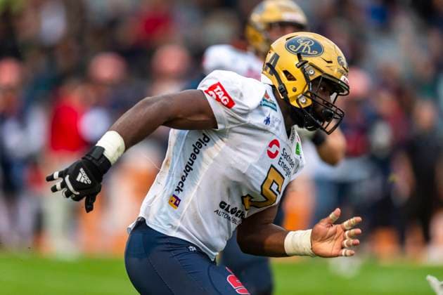 Deshon Hall 5, DL, Dresden Monarchs GER, ifm Ravensburg Razorbacks vs Dresden Monarchs, American Football, GFL, Season 2025, Playoffs, Semifinals, 27 09 2025, GER, ifm Ravensburg Razorbacks vs Dresden Monarchs, American Football, GFL, Season 2025, Playoffs, Semifinals, 27 09 2025 Weingarten Copyright: xEibner-Pressefoto FlorianxWolfx EP_FWF