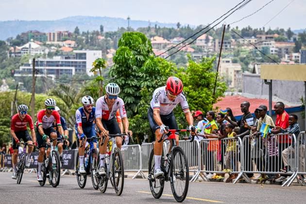 Danish Anders Foldager, Spanish Raul Garcia Pierna, Portuguese Ivo Oliveira, French Julien Bernard, Swiss Fabio Christen and German Marius Mayrhofer pictured in action during the elite men road race (267,5 km) at the cycling road World Championships in Kigali, Rwanda, Sunday 28 September 2025. The 2025 UCI Road World Championships take place from 21 to 28 September in Kigali, Rwanda. DIRKxWAEM  x135502342x