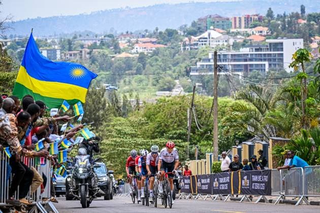 Danish Anders Foldager, Spanish Raul Garcia Pierna, Portuguese Ivo Oliveira, French Julien Bernard, Swiss Fabio Christen and German Marius Mayrhofer pictured in action during the elite men road race (267,5 km) at the cycling road World Championships in Kigali, Rwanda, Sunday 28 September 2025. The 2025 UCI Road World Championships take place from 21 to 28 September in Kigali, Rwanda. DIRKxWAEM  x135502344x