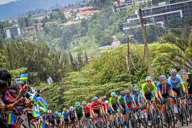 Belgian Florian Vermeersch pulling at the front of the peloton during the elite men road race (267,5 km) at the cycling road World Championships in Kigali, Rwanda, Sunday 28 September 2025. The 2025 UCI Road World Championships take place from 21 to 28 September in Kigali, Rwanda. DIRKxWAEM  x135502371x