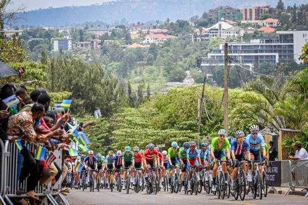 Belgian Florian Vermeersch pulling at the front of the peloton during the elite men road race (267,5 km) at the cycling road World Championships in Kigali, Rwanda, Sunday 28 September 2025. The 2025 UCI Road World Championships take place from 21 to 28 September in Kigali, Rwanda. DIRKxWAEM  x135502374x
