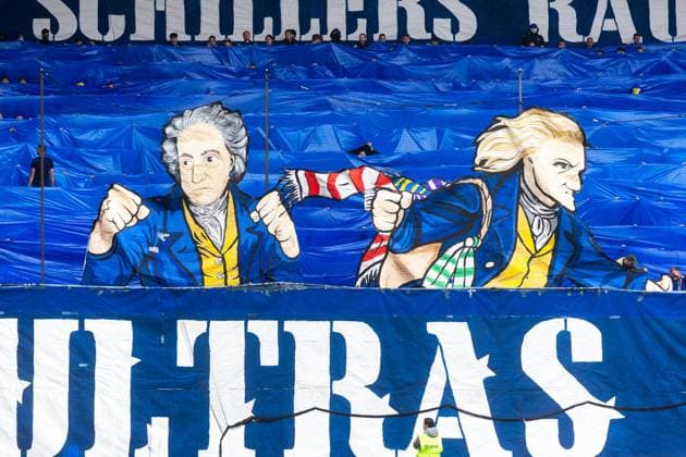 Jena , 270925, Soccer Regionalliga , FC Carl Zeiss Jena vs Chemnitzer FC in the picture choreography of the Horda Azzuro Ultras section Weimar