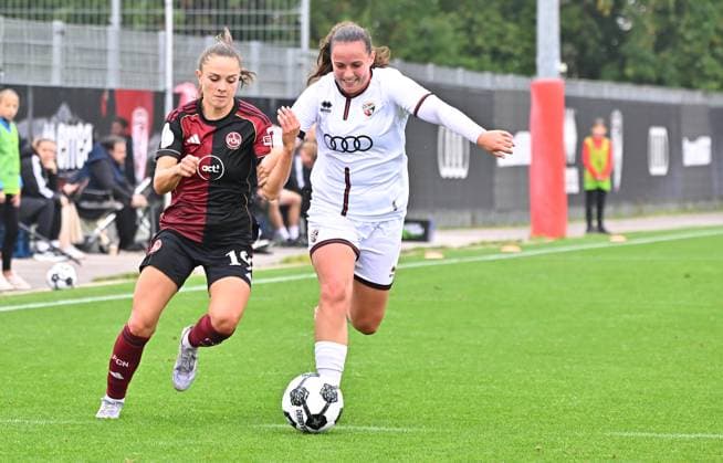 28 09 2025 Soccer season 2025 2026 1 DFB Cup 1 round FC Ingolstadt 04 FCI 1 FC Nuremberg FCN Club Clubwomen Sportfoto Zink MeZi xmexzix Sanja Homann 19, 1 FC Nuremberg FCN Mara Winter 2, FC Ingolstadt 04 FCI, right