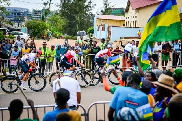 German Marius Mayrhofer, Swiss Fabio Christen, Portuguese Ivo Oliveira and Spanish Raul Garcia Pierna pictured in action during the elite men road race (267,5 km) at the cycling road World Championships in Kigali, Rwanda, Sunday 28 September 2025. The 2025 UCI Road World Championships take place from 21 to 28 September in Kigali, Rwanda. DIRKxWAEM  x135506080x