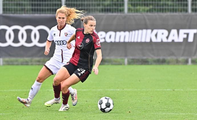 28 09 2025 Soccer season 2025 2026 1 DFB Cup 1 round FC Ingolstadt 04 FCI 1 FC Nuremberg FCN Club Clubwomen Sportfoto Zink MeZi xmexzix Nastassja Lein 24, 1 FC Nuremberg FCN in front of Leonie Haberäcker 15, FC Ingolstadt 04 FCI
