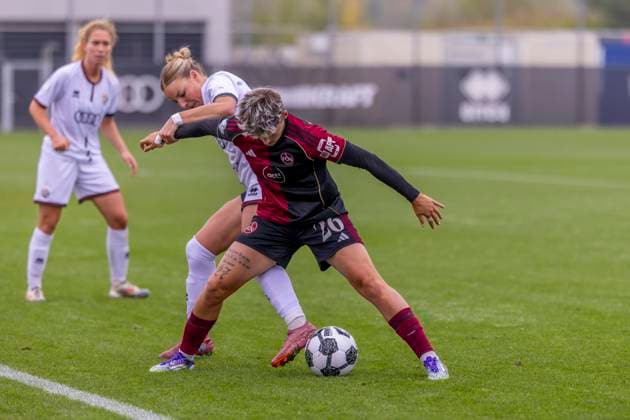 Ingolstadt, Germany 28 September 2025 DFB Pokal Women 2025 2026 FC Ingolstadt 04 vs 1 FC Nürnberg In the picture from left in a duel Lea Wolski FCI and Aneta Polaskova FCN DFB regulations prohibit any use of photographs as image sequences and or quasi video MTV Stadion Bayern Copyright: xFotostandx xSchäferx