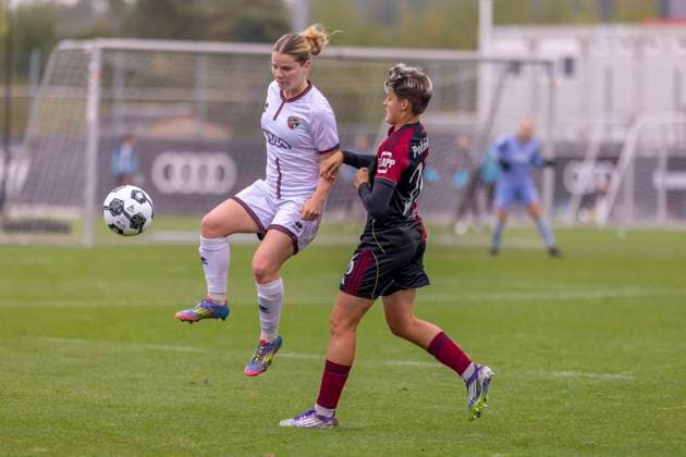 Ingolstadt, Germany 28 September 2025 DFB Pokal Women 2025 2026 FC Ingolstadt 04 vs 1 FC Nürnberg In the picture from left in duel Theresa Keitel FCI and Aneta Polaskova FCN DFB regulations prohibit any use of photographs as image sequences and or quasi video MTV Stadion Bayern Copyright: xFotostandx xSchäferx