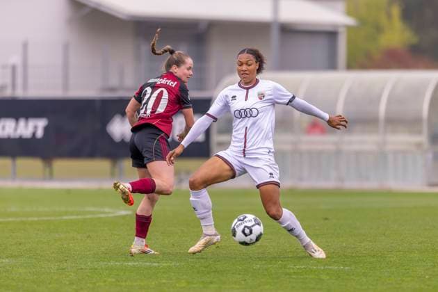 Ingolstadt, Germany 28 September 2025 DFB Pokal Women 2025 2026 FC Ingolstadt 04 vs 1 FC Nürnberg In the picture from left in a duel Jacqueline Baumgärtel Baumgaertel FCN and Melissa Kuya Strobel FCI DFB regulations prohibit any use of photographs as image sequences and or quasi video MTV Stadion Bayern Copyright: xFotostandx xSchäferx