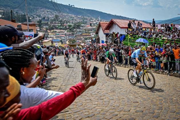 Irish Ben Healy and Belgian Cian Uijtdebroeks pictured in action during the elite men road race (267,5 km) at the cycling road World Championships in Kigali, Rwanda, Sunday 28 September 2025. The 2025 UCI Road World Championships take place from 21 to 28 September in Kigali, Rwanda. DIRKxWAEM  x135511631x
