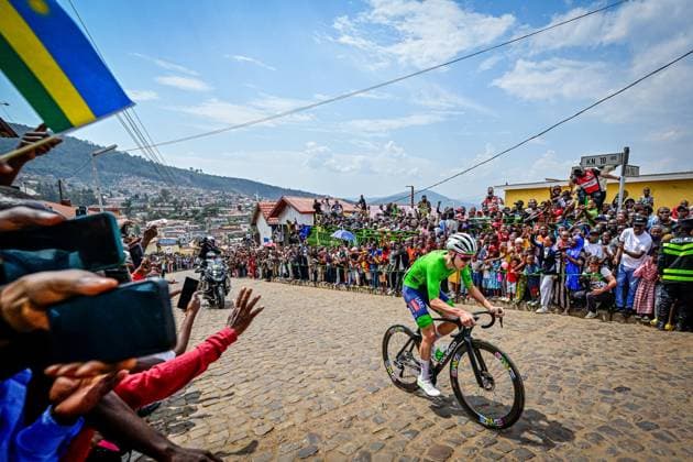 Slovenian Tadej Pogacar pictured in action during the elite men road race (267,5 km) at the cycling road World Championships in Kigali, Rwanda, Sunday 28 September 2025. The 2025 UCI Road World Championships take place from 21 to 28 September in Kigali, Rwanda. DIRKxWAEM  x135511637x