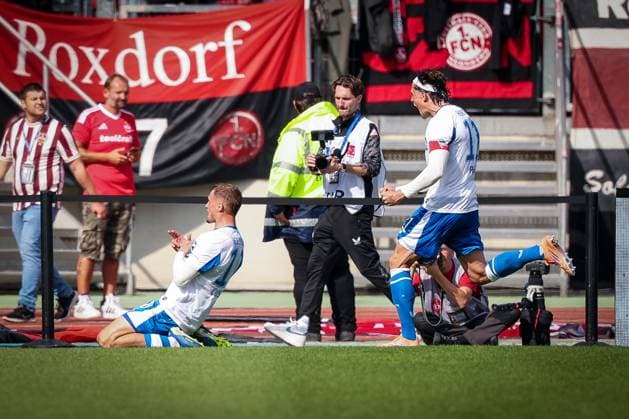 Michael Cuisance 10 Hertha BSC Berlin celebrates his goal for 0 2, with Fabian Reese 11 Hertha BSC Berlin , 1 FC Nuernberg vs Hertha BSC Berlin, DFL, 2 Bundesliga, Saison 2025 2026, Max Morlock Stadion, Hinrunde, 7 Spieltag, 28 09 2025 DFB regulations prohibit any use of photographs as image sequences and or quasi video Nuernberg Bayern Germany Copyright: xkolbert-press MartinxAgüerax